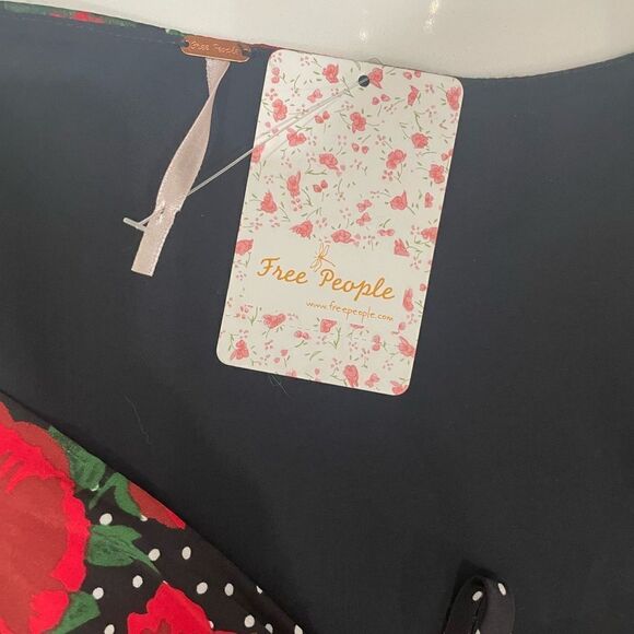 FREE PEOPLE Red Poppy Polka Dot Long Sleeve Smocked Keyhole Mini Dress NWT! - Picture 7 of 9